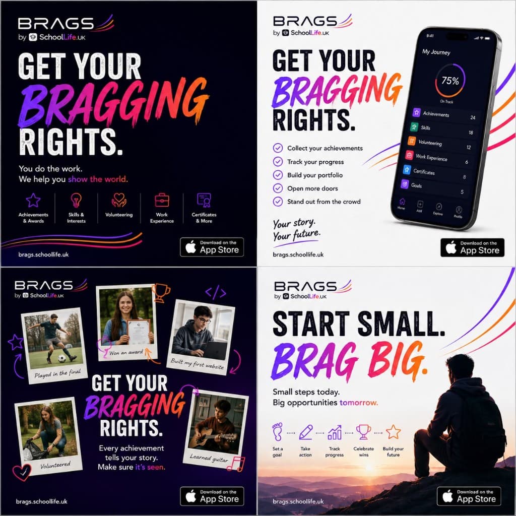 Four Brags adverts arranged in a grid, headlined Get your bragging rights and Start small, brag big.