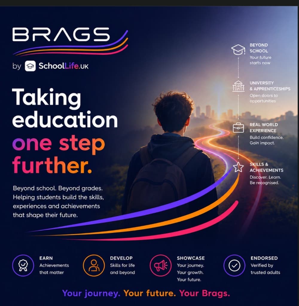 Brags poster reading Taking education one step further, with a student walking a lit path towards skills, real world experience, university and beyond.