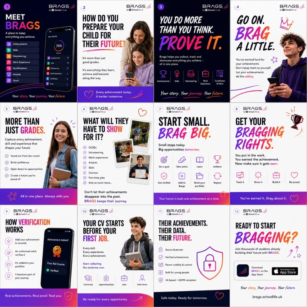 Twelve Brags social posts in a grid, covering how verification works, what a portfolio holds, and messages aimed at parents and at students.