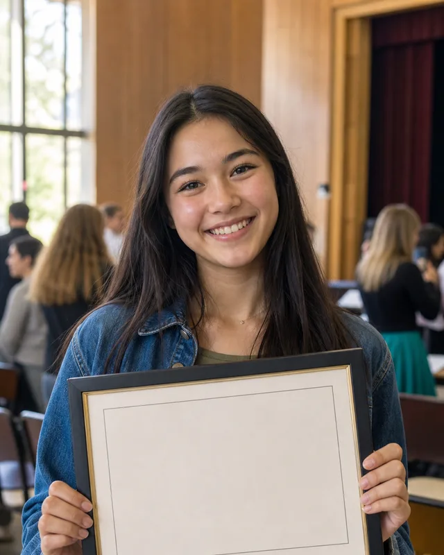 A teenage girl smiling and holding up a framed certificate