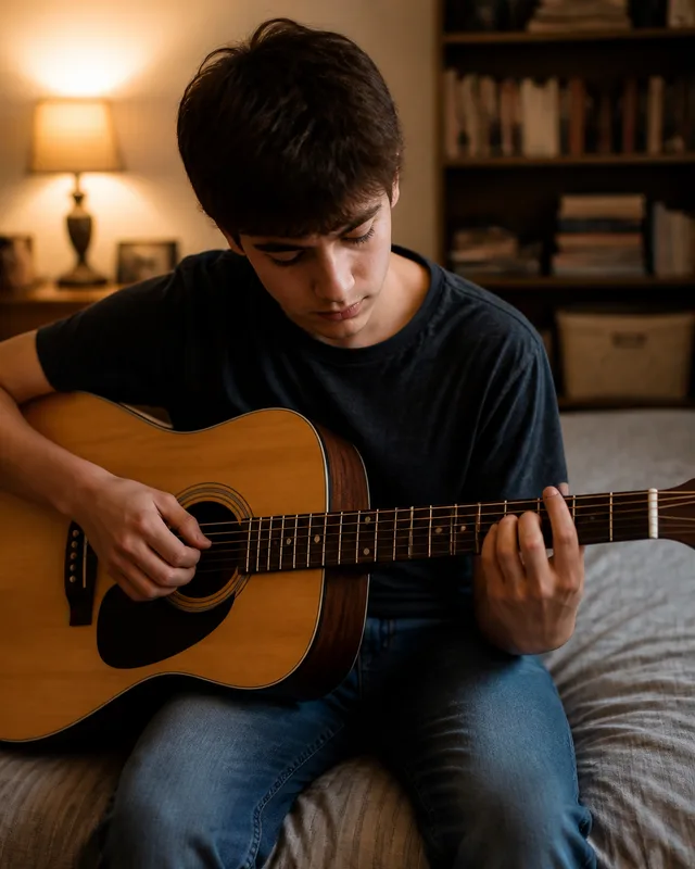 A teenage boy playing an acoustic guitar