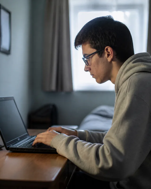 A teenage boy working at a laptop