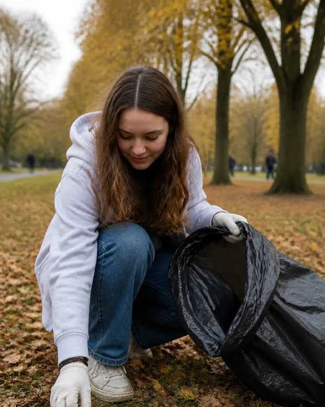 A teenage girl clearing litter in a park
